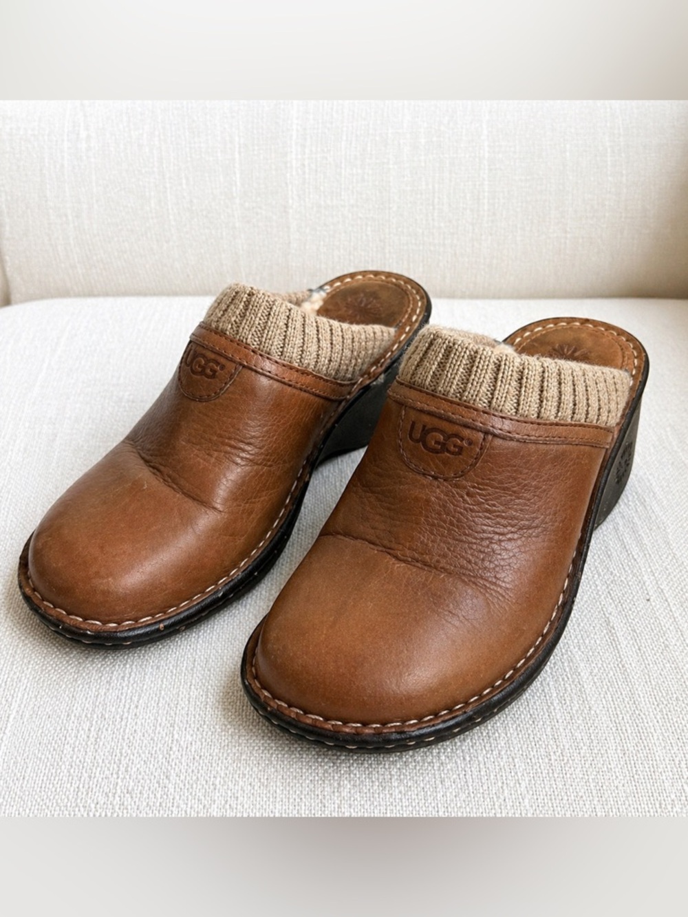 UGG Chestnut Leather Clog Mules with Knit Collar